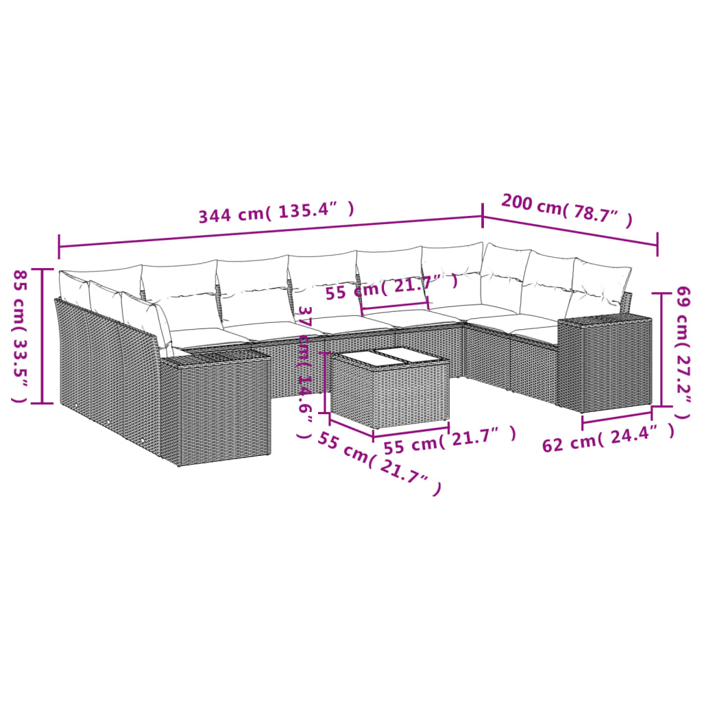 11-tlg. Garten-Sofagarnitur mit Kissen Braun Poly Rattan