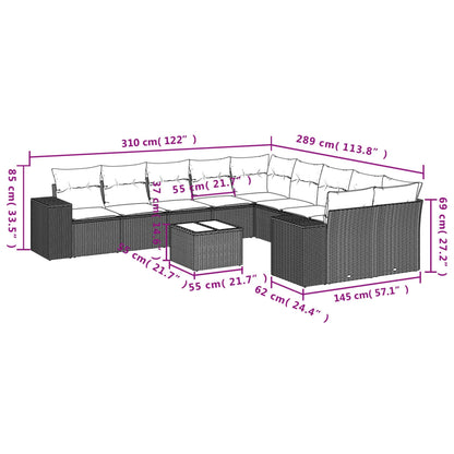 11-teiliges Gartensofa-Set mit Kissen, schwarzes Polyrattan