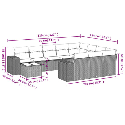 11-teiliges Gartensofa-Set mit Kissen, schwarzes Polyrattan