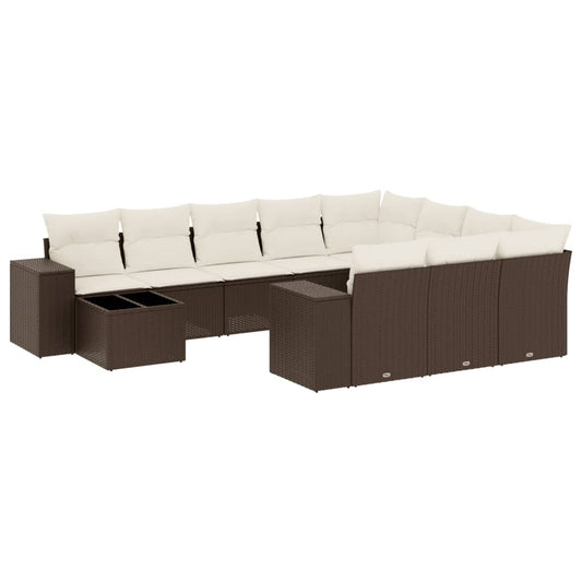 11-tlg. Garten-Sofagarnitur mit Kissen Braun Poly Rattan