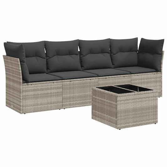 5-tlg. Garten-Sofagarnitur mit Kissen Hellgrau Poly Rattan
