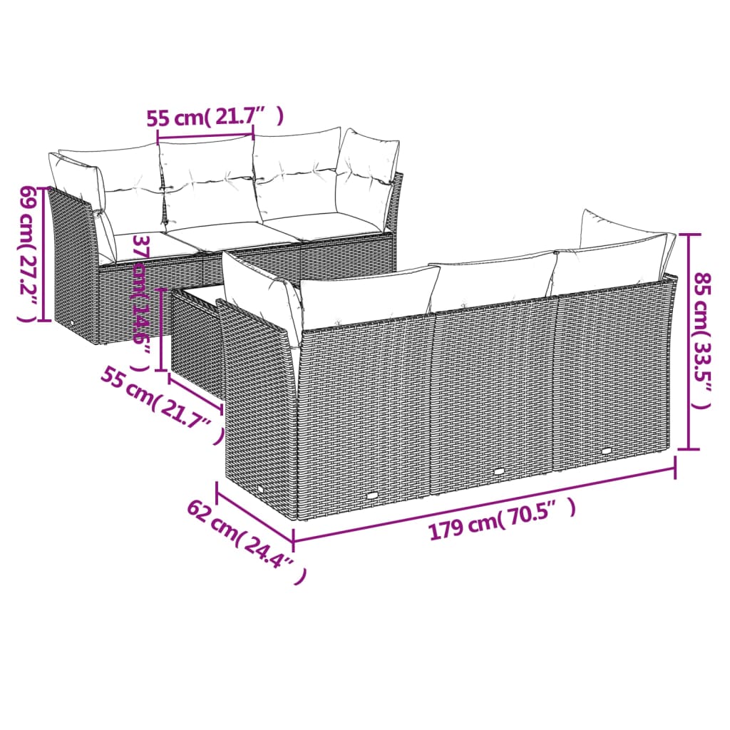 7-tlg. Garten-Sofagarnitur mit Kissen Braun Poly Rattan