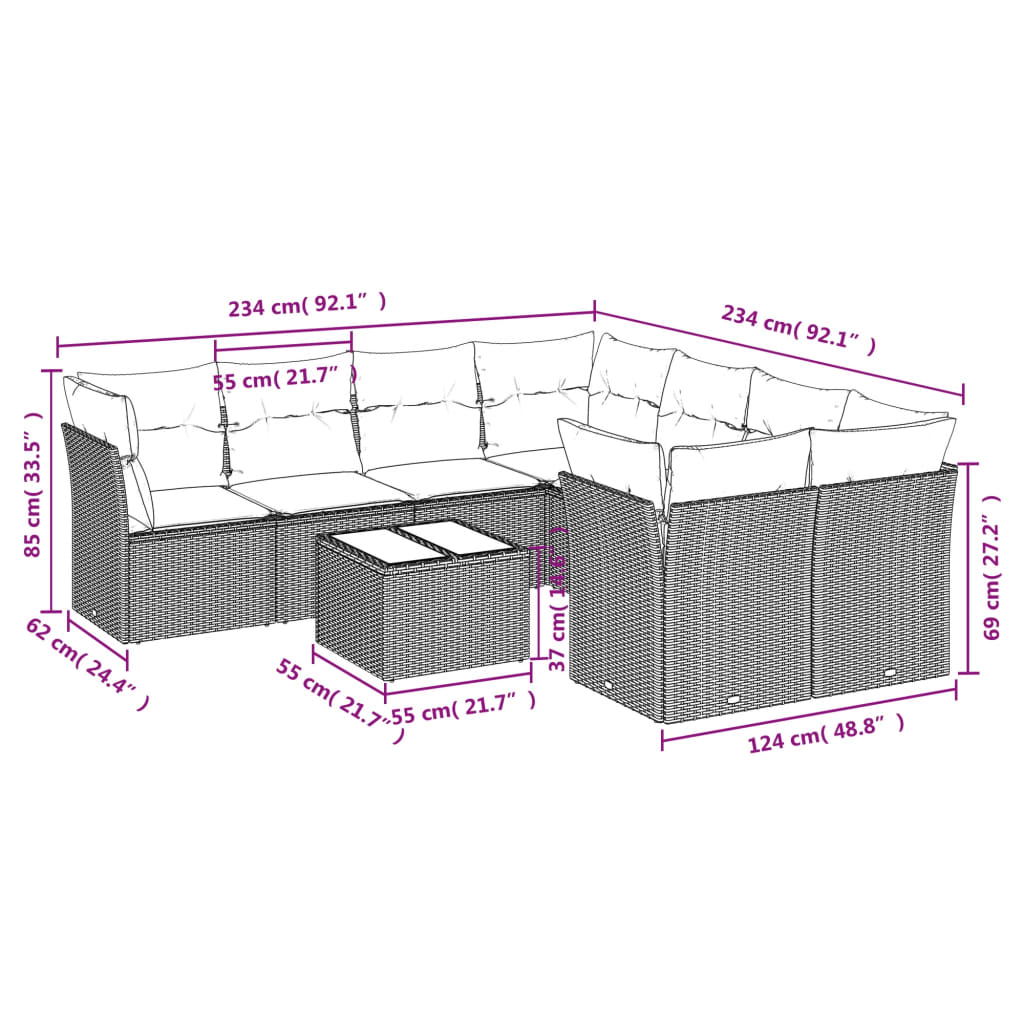 9-tlg. Garten-Sofagarnitur mit Kissen Braun Poly Rattan