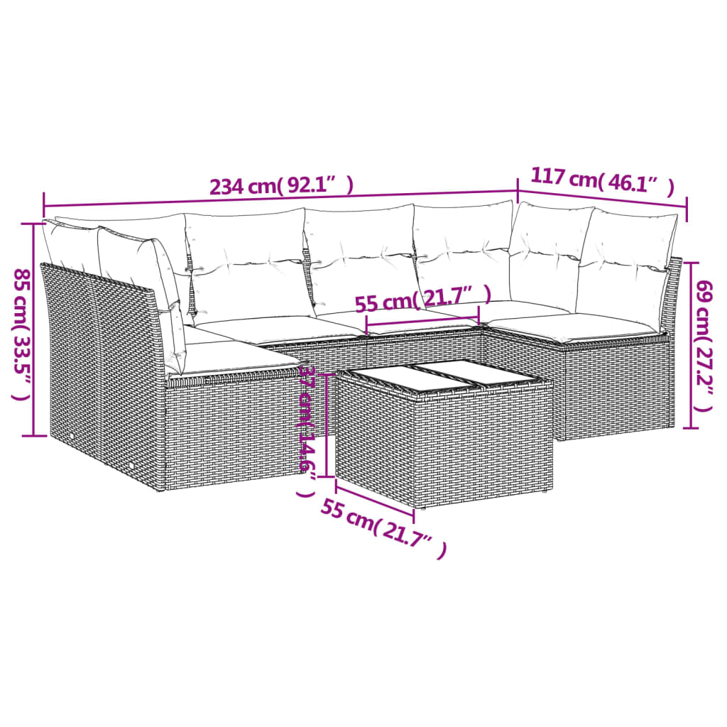 7-tlg. Garten-Sofagarnitur mit Kissen Braun Poly Rattan