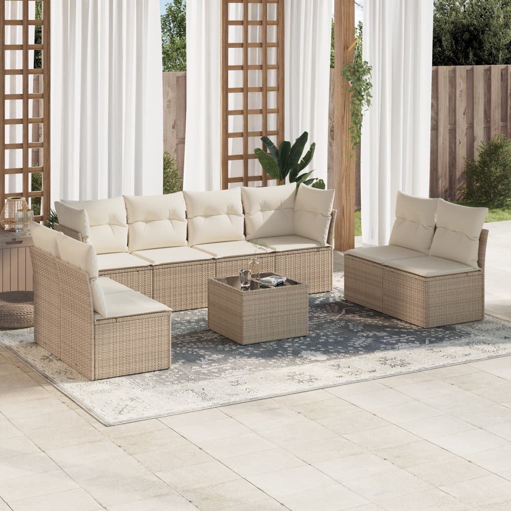 9-tlg. Garten-Sofagarnitur mit Kissen Beige Poly Rattan