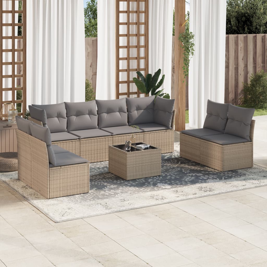 9-tlg. Garten-Sofagarnitur mit Kissen Beige Poly Rattan
