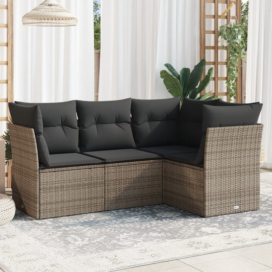 4-tlg. Garten-Sofagarnitur mit Kissen Grau Poly Rattan