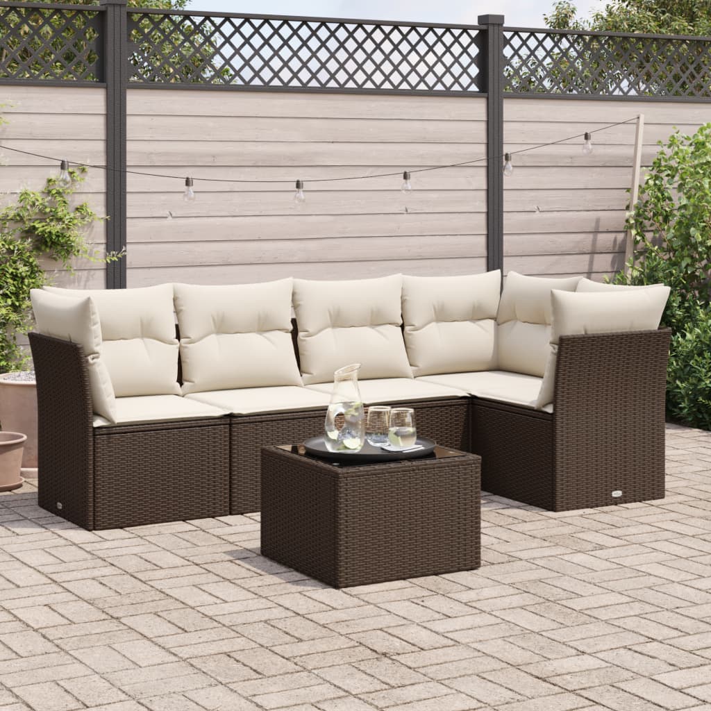 6-tlg. Garten-Sofagarnitur mit Kissen Braun Poly Rattan