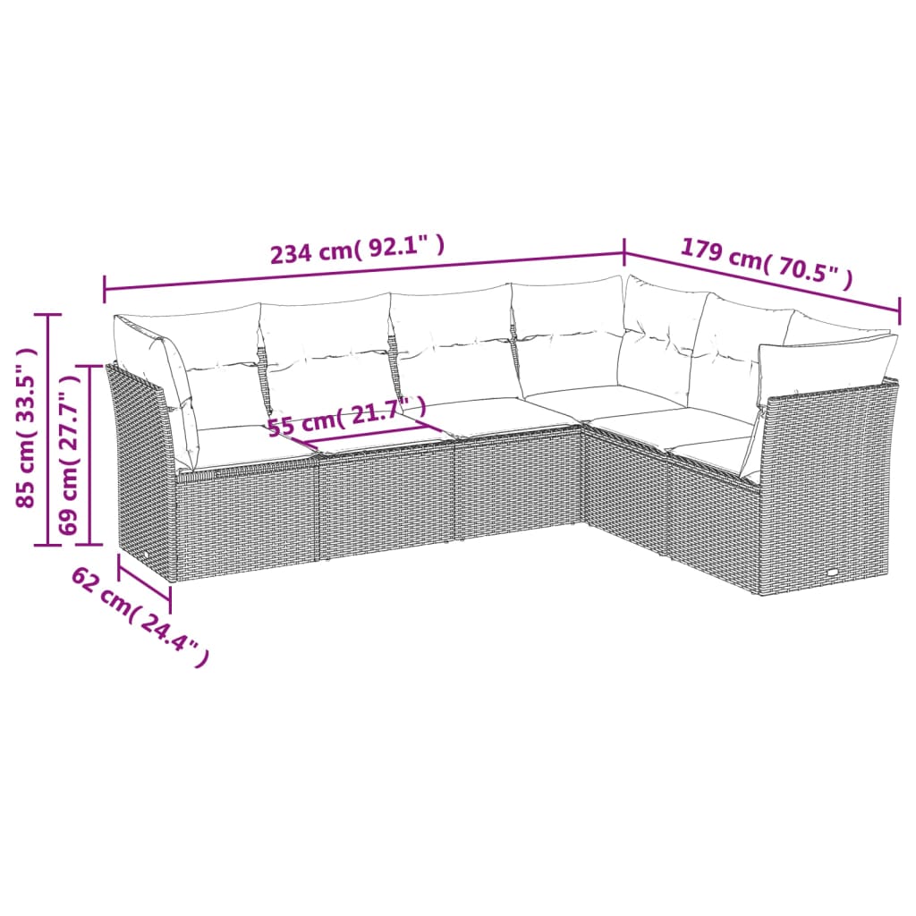 6-teiliges Gartensofa-Set mit Kissen, grau, Polyrattan
