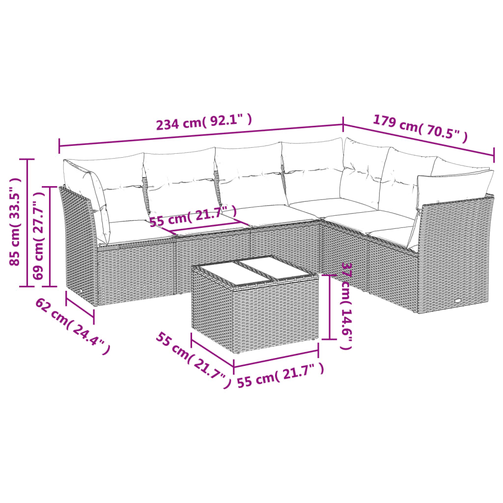 7-tlg. Garten-Sofagarnitur mit Kissen Braun Poly Rattan