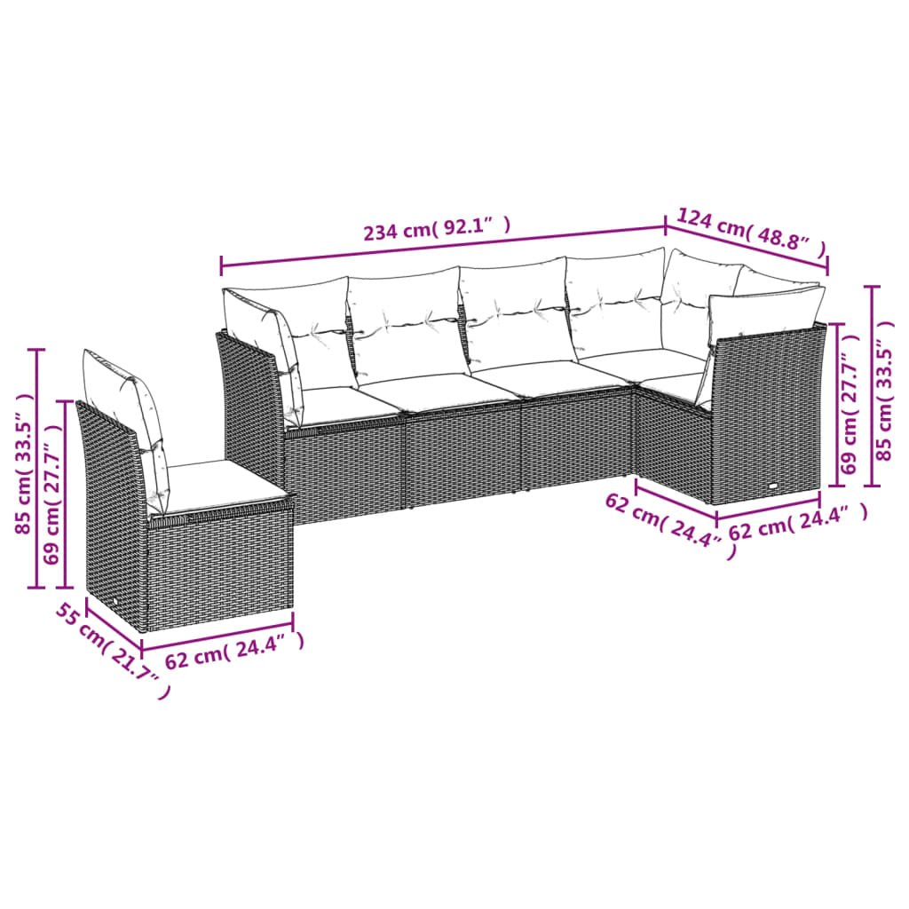 6-teiliges Gartensofa-Set mit Kissen, grau, Polyrattan