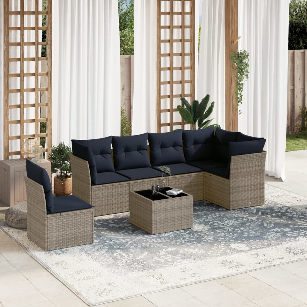 7-teiliges Gartensofa-Set mit Kissen, grau, Polyrattan