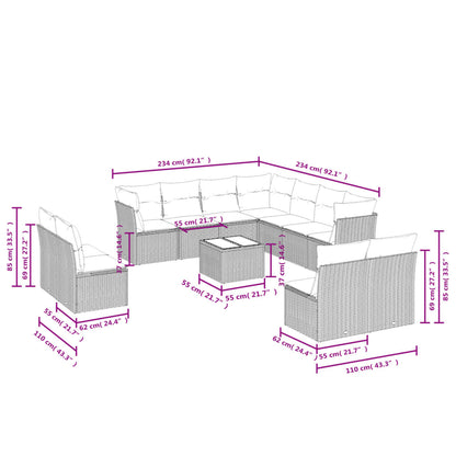 12-teiliges Gartensofa-Set mit Kissen, schwarzes Polyrattan