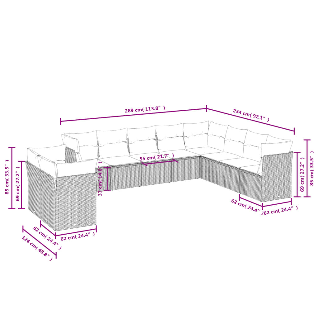 10-teiliges Gartensofa-Set mit Kissen, schwarzes Polyrattan