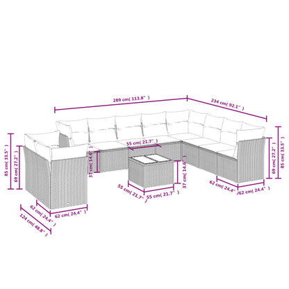 11-teiliges Gartensofa-Set mit Kissen, schwarzes Polyrattan