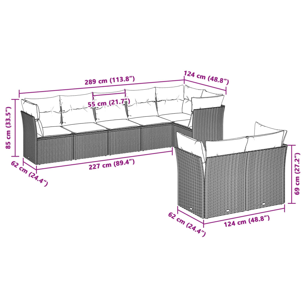 8-tlg. Garten-Sofagarnitur mit Kissen Hellgrau Poly Rattan