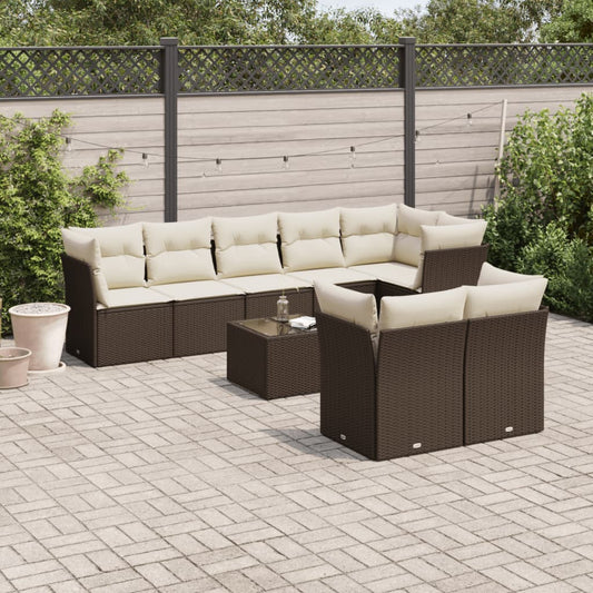 9-tlg. Garten-Sofagarnitur mit Kissen Braun Poly Rattan