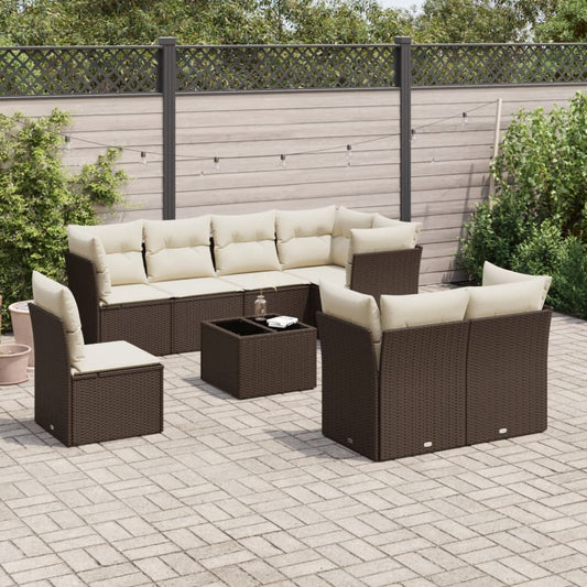 9-tlg. Garten-Sofagarnitur mit Kissen Braun Poly Rattan