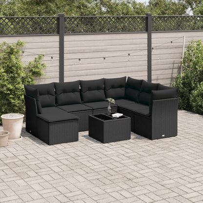 8-tlg. Garten-Sofagarnitur mit Kissen Schwarz Poly Rattan