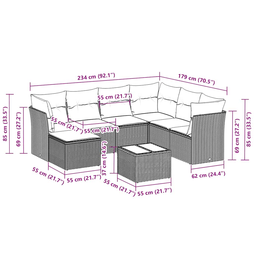 8-tlg. Garten-Sofagarnitur mit Kissen Hellgrau Poly Rattan