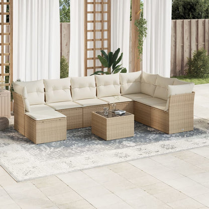 9-tlg. Garten-Sofagarnitur mit Kissen Beige Poly Rattan