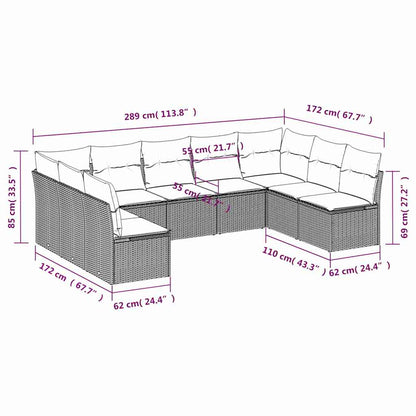 9-teiliges Gartensofa-Set mit Kissen, schwarzes Polyrattan