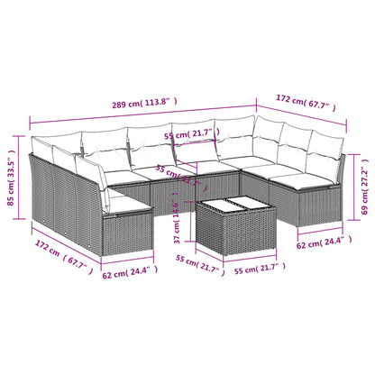 10-teiliges Gartensofa-Set mit Kissen, schwarzes Polyrattan