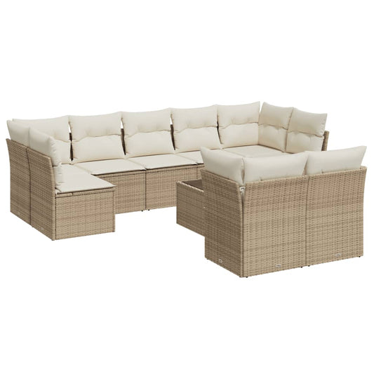 10-tlg. Garten-Sofagarnitur mit Kissen Beige Poly Rattan