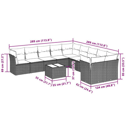 11-tlg. Garten-Sofagarnitur mit Kissen Hellgrau Poly Rattan