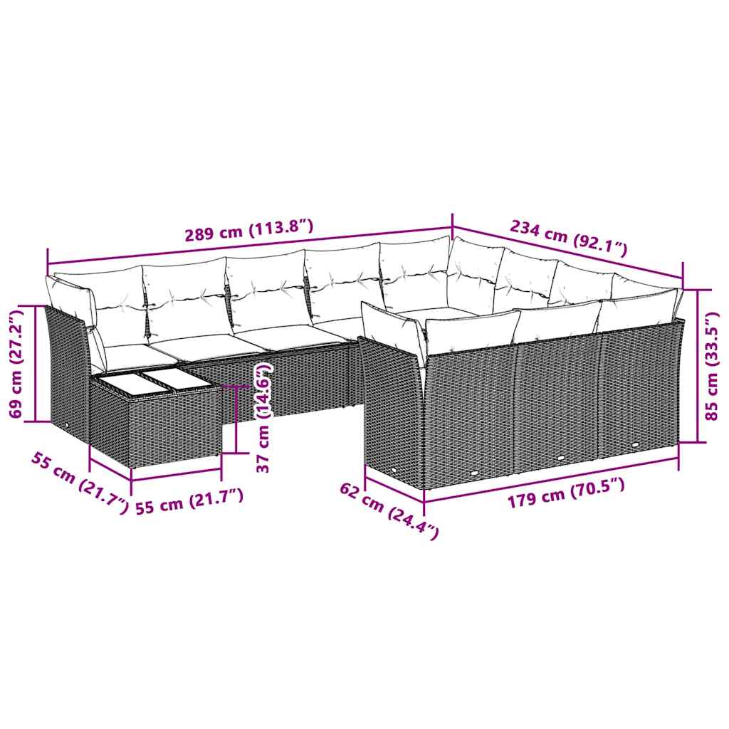 11-tlg. Garten-Sofagarnitur mit Kissen Hellgrau Poly Rattan