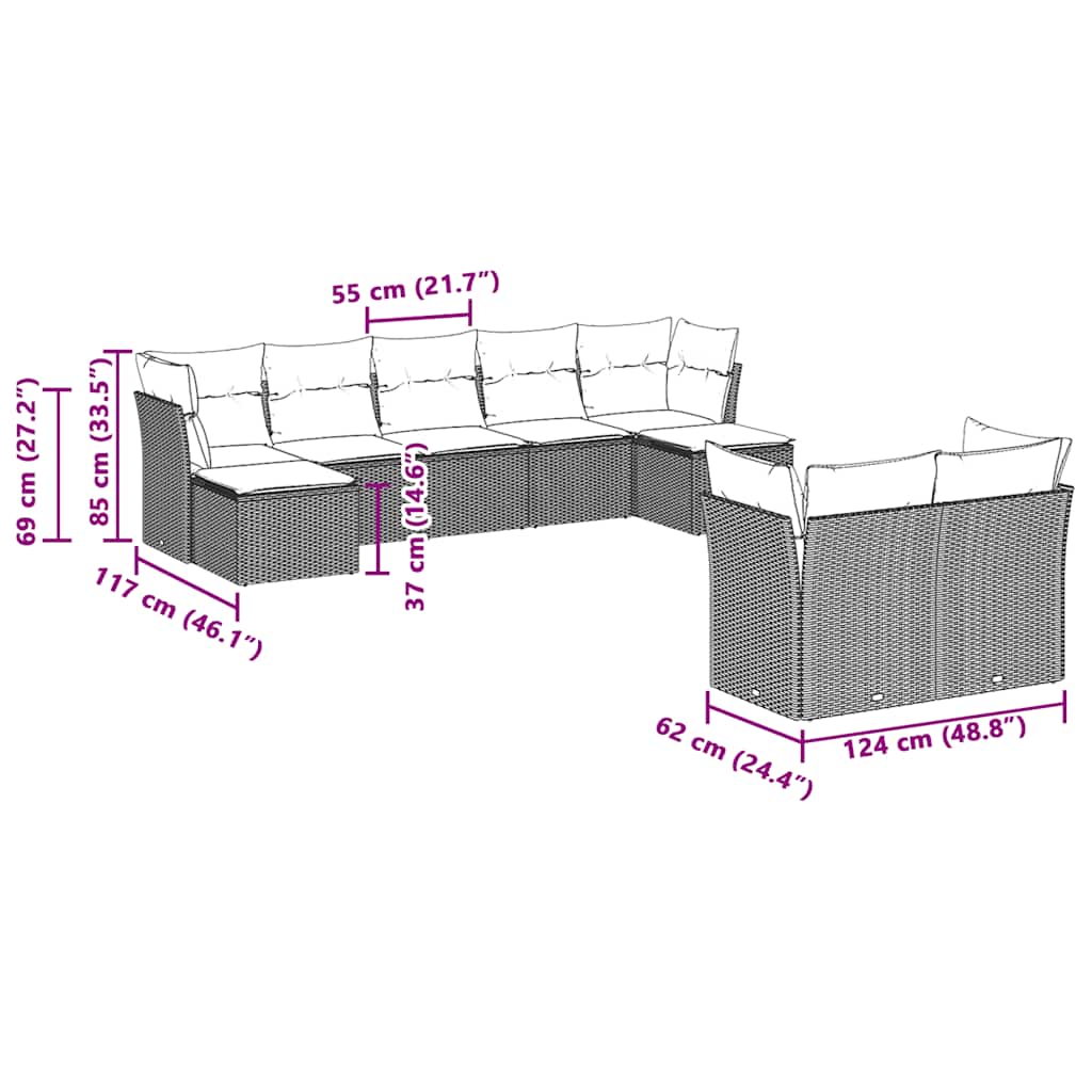 9-tlg. Garten-Sofagarnitur mit Kissen Hellgrau Poly Rattan