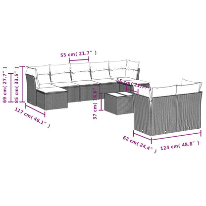 10-teiliges Gartensofa-Set mit Kissen, schwarzes Polyrattan