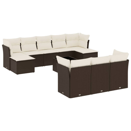 11-tlg. Garten-Sofagarnitur mit Kissen Braun Poly Rattan