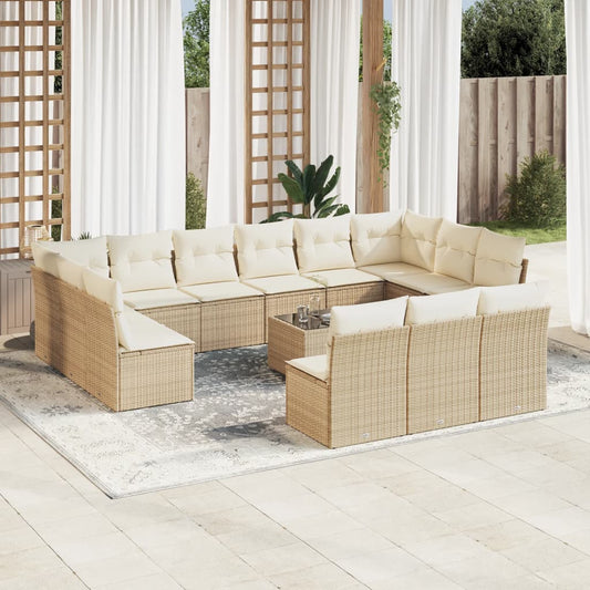 14-tlg. Garten-Sofagarnitur mit Kissen Beige Poly Rattan