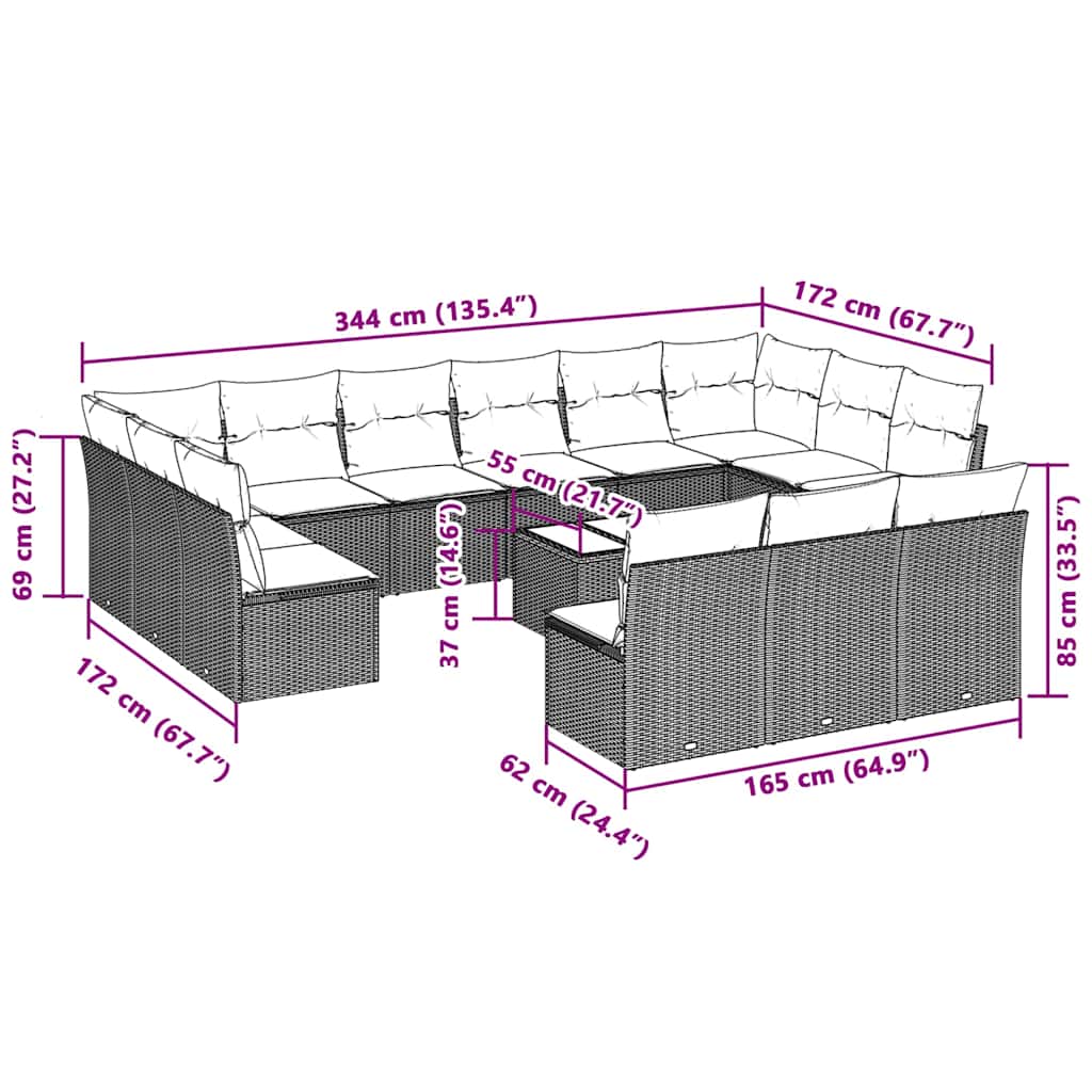 14-tlg. Garten-Sofagarnitur mit Kissen Hellgrau Poly Rattan