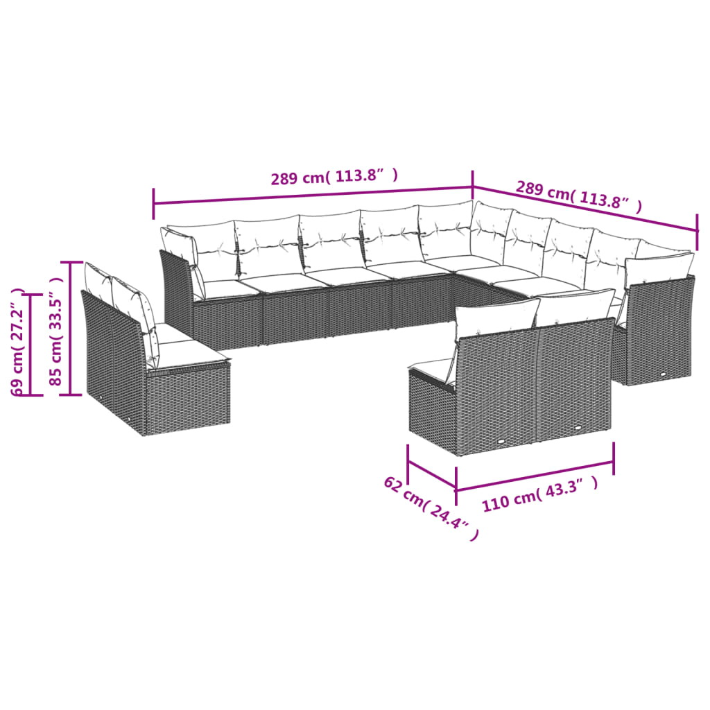12-tlg. Garten-Sofagarnitur mit Kissen Beige Poly Rattan