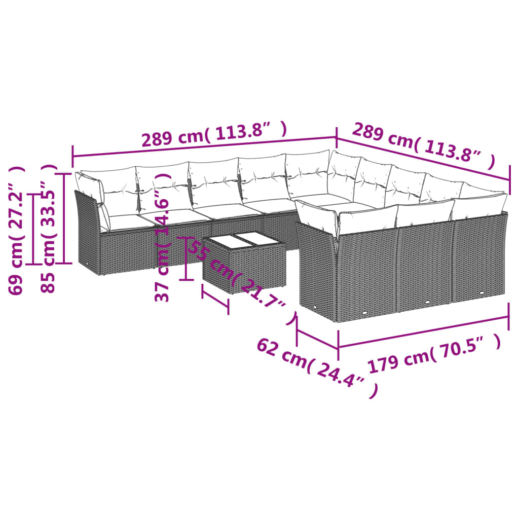 12-teiliges Gartensofa-Set mit Kissen, braun, Polyrattan