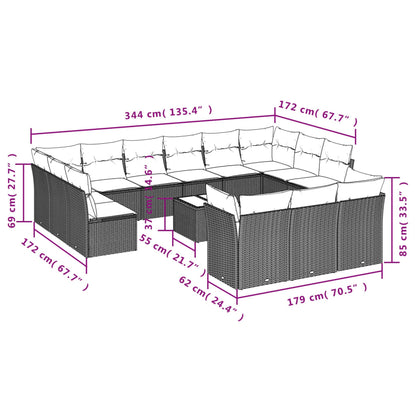 14-teiliges Gartensofa-Set mit Kissen, schwarzes Polyrattan