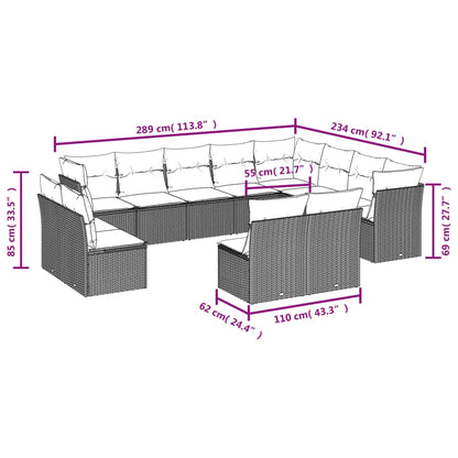 12-teiliges Gartensofa-Set mit Kissen, schwarzes Polyrattan