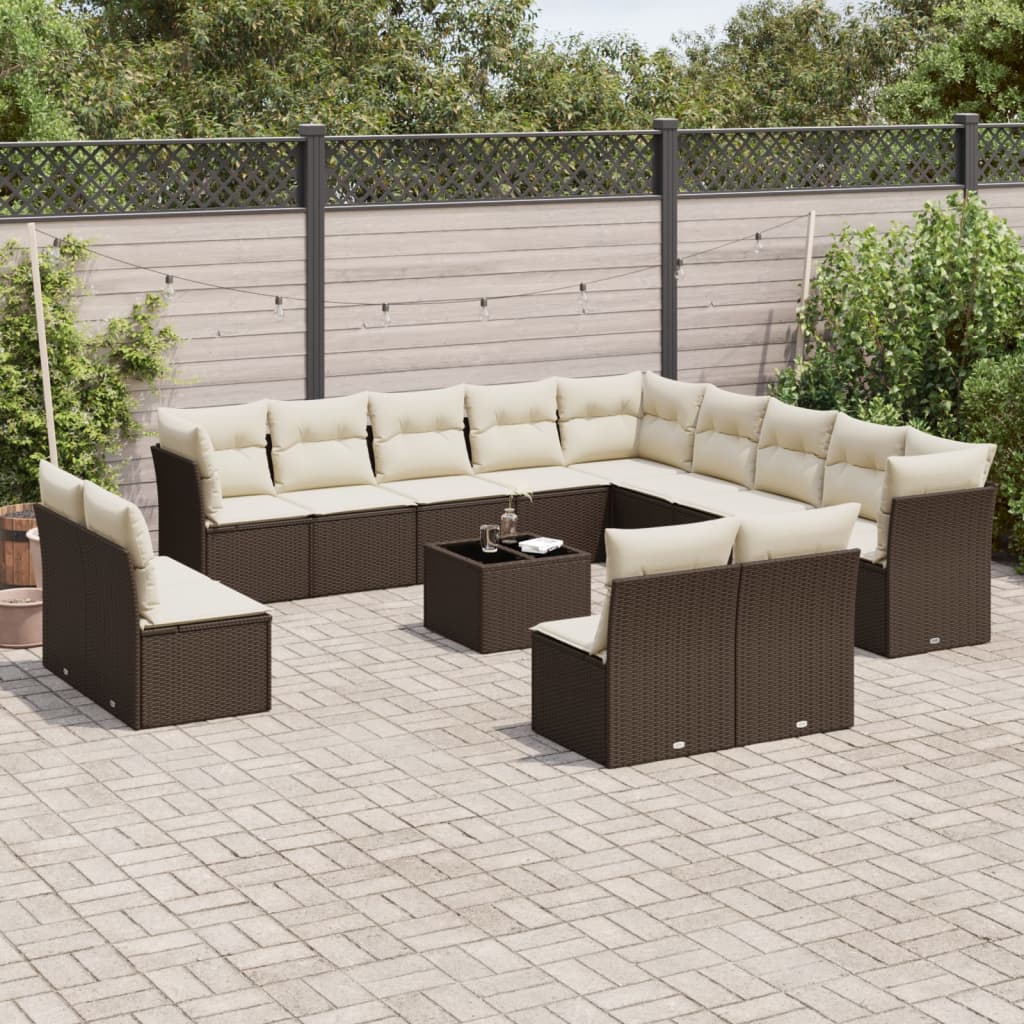 14-tlg. Garten-Sofagarnitur mit Kissen Braun Poly Rattan