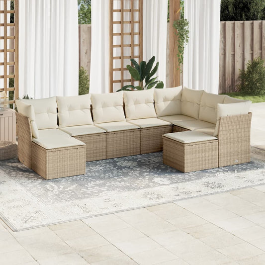 9-tlg. Garten-Sofagarnitur mit Kissen Beige Poly Rattan
