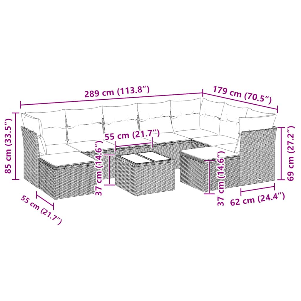 10-tlg. Garten-Sofagarnitur mit Kissen Hellgrau Poly Rattan