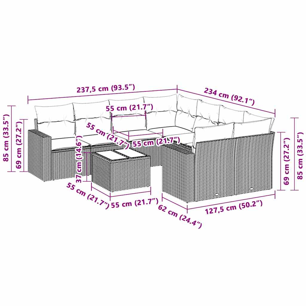 3-tlg. Garten-Sofagarnitur mit Kissen Hellgrau Poly Rattan