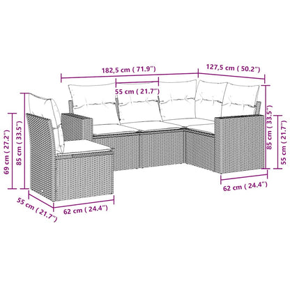 5-tlg. Garten-Sofagarnitur mit Kissen Hellgrau Poly Rattan