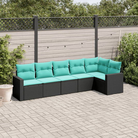 6-tlg. Garten-Sofagarnitur mit Kissen Schwarz Poly Rattan