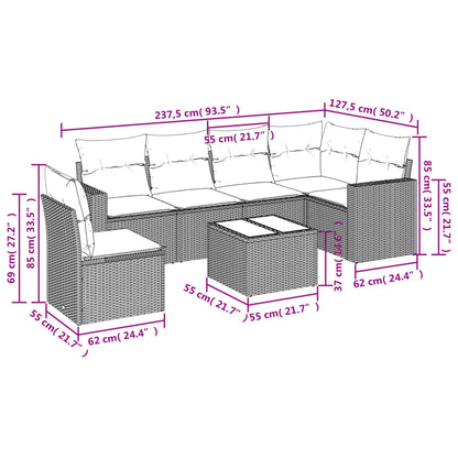 7-tlg. Garten-Sofagarnitur mit Kissen Braun Poly Rattan