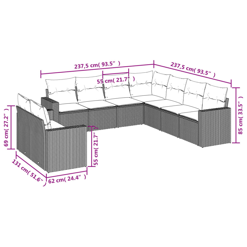 9-tlg. Garten-Sofagarnitur mit Kissen Braun Poly Rattan