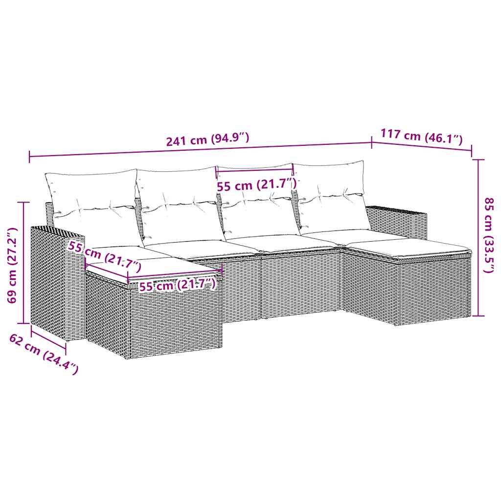 6-tlg. Garten-Sofagarnitur mit Kissen Braun Poly Rattan