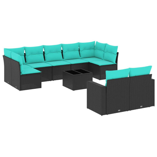 10-tlg. Garten-Sofagarnitur mit Kissen Schwarz Poly Rattan