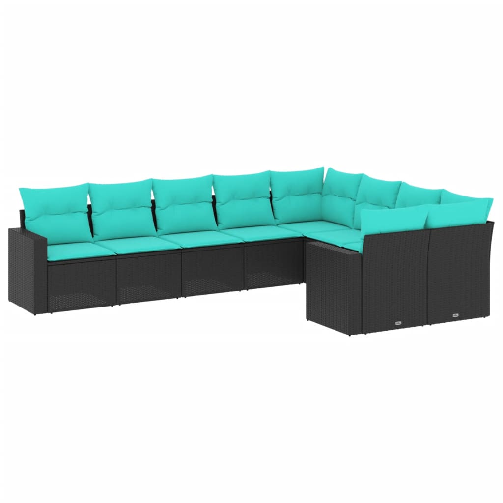 9-tlg. Garten-Sofagarnitur mit Kissen Schwarz Poly Rattan